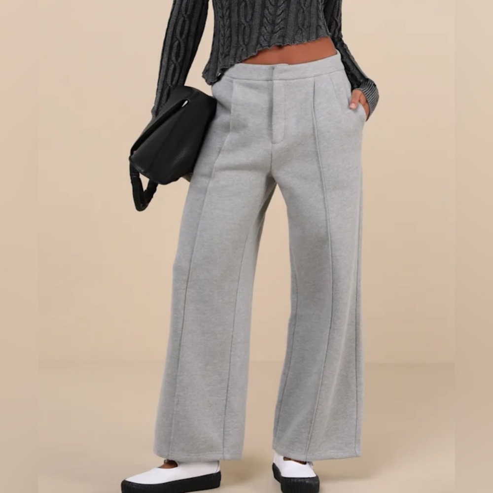 Lulus Poised Coziness Heather Grey Pintuck Wide-Leg Sweatpant Trousers - NWT